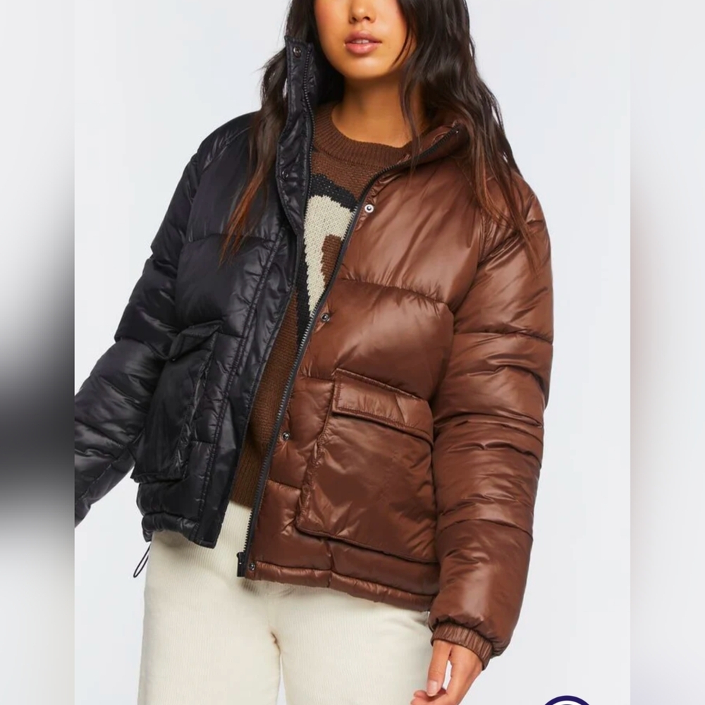 NWT Forever 21 Color Block Puffer Jacket Sz S Black/Brown Women Funnel Neck - Picture 9 of 17